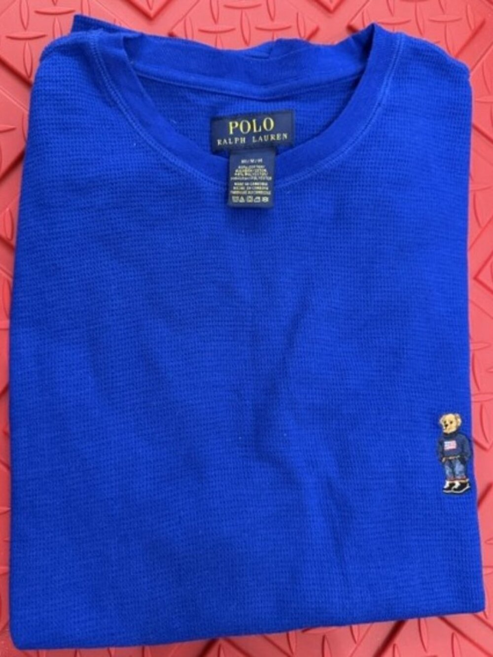 Polo Ralph Lauren Polo Bear Royal Blue Gray Waffle Knit Top Size M